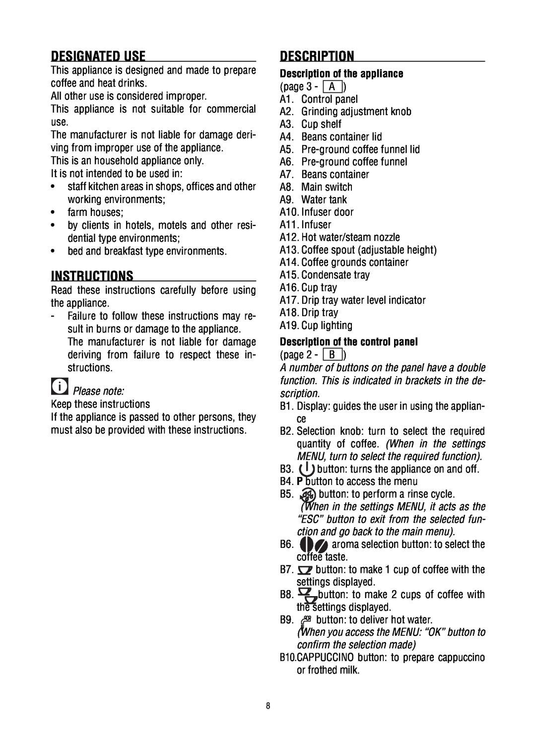 DeLonghi ECAM23.450 manual Designated Use, Instructions, Description of the appliance 