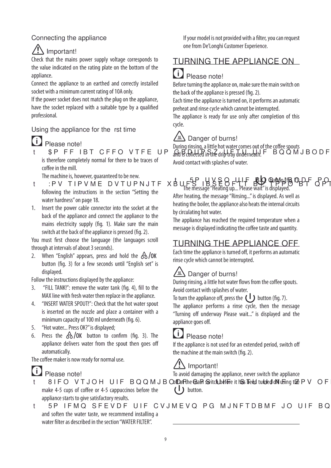 DeLonghi ECAM26455 manual Turning the Appliance on, Turning the Appliance OFF, Connecting the appliance 