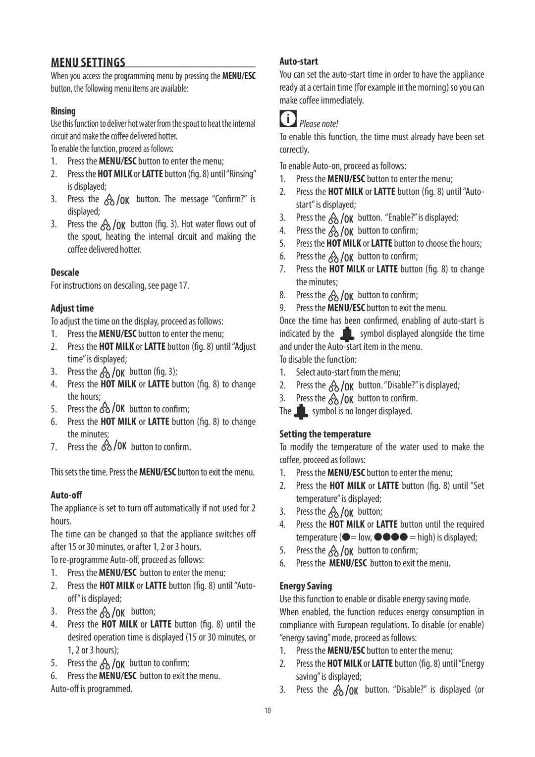 DeLonghi ECAM26455 manual Menu Settings 