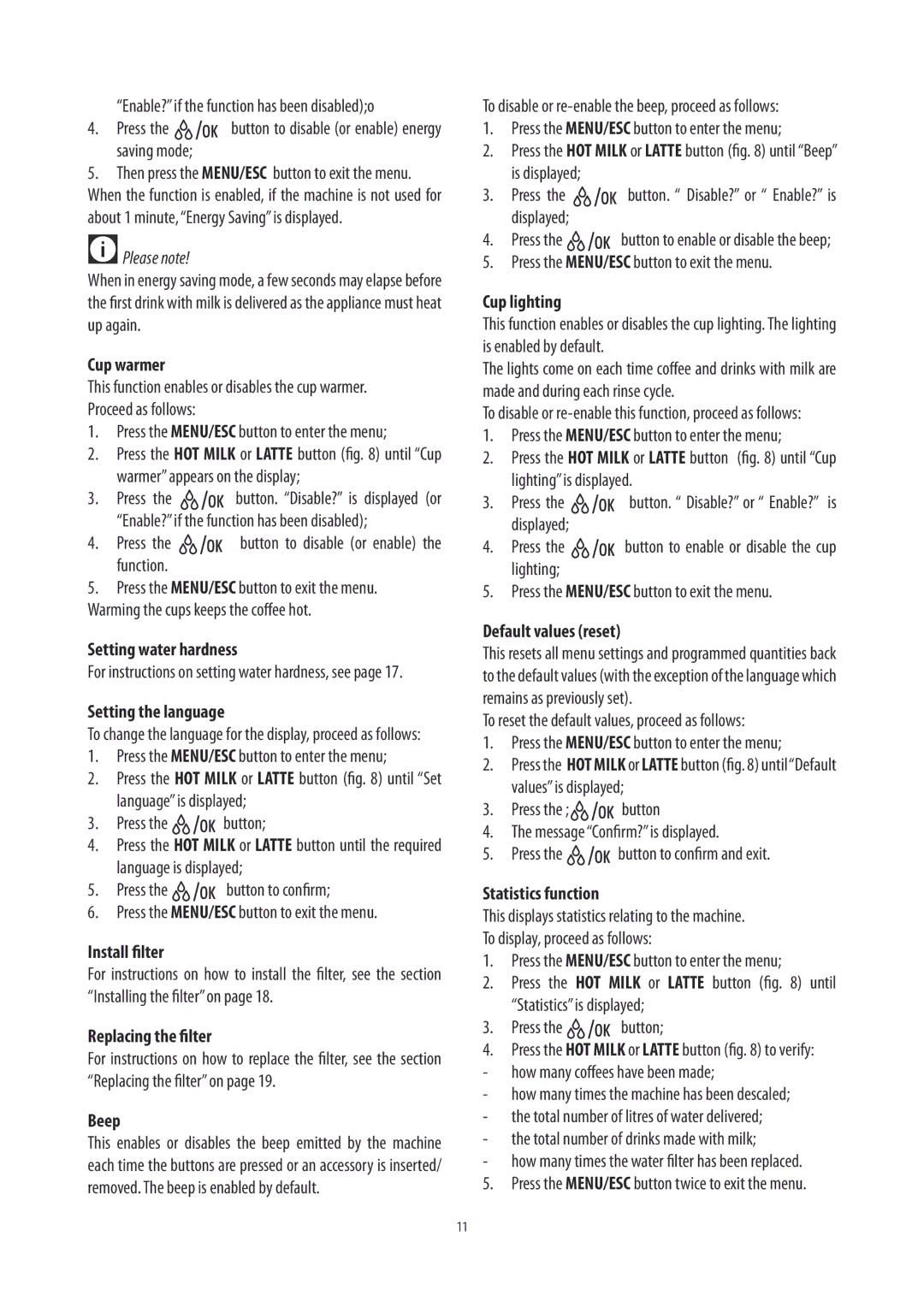 DeLonghi ECAM26455 Cup warmer, Setting water hardness, Setting the language, Install filter, Replacing the filter, Beep 