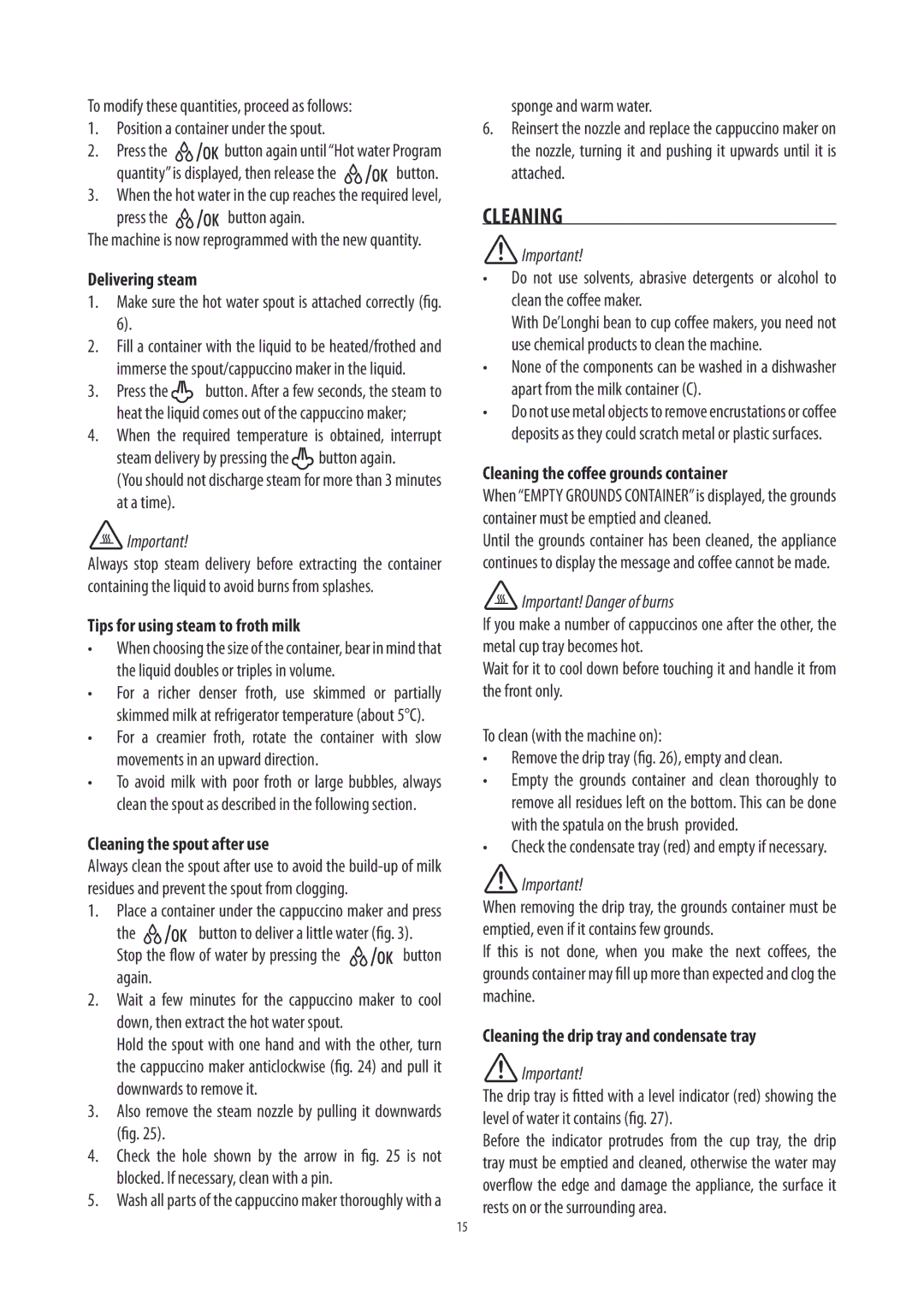 DeLonghi ECAM26455 manual Cleaning 