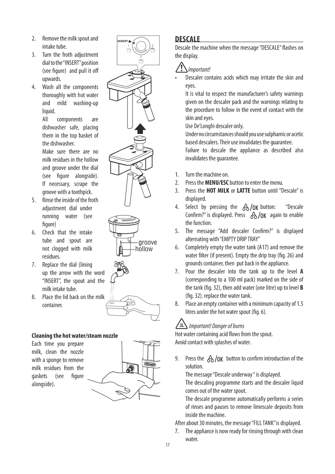 DeLonghi ECAM26455 manual Descale, Cleaning the hot water/steam nozzle 