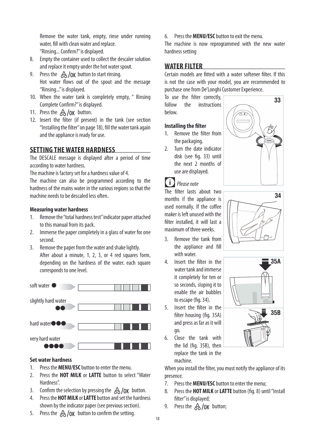 DeLonghi ECAM26455 manual Setting the Water Hardness, Water Filter, Measuring water hardness, Set water hardness 