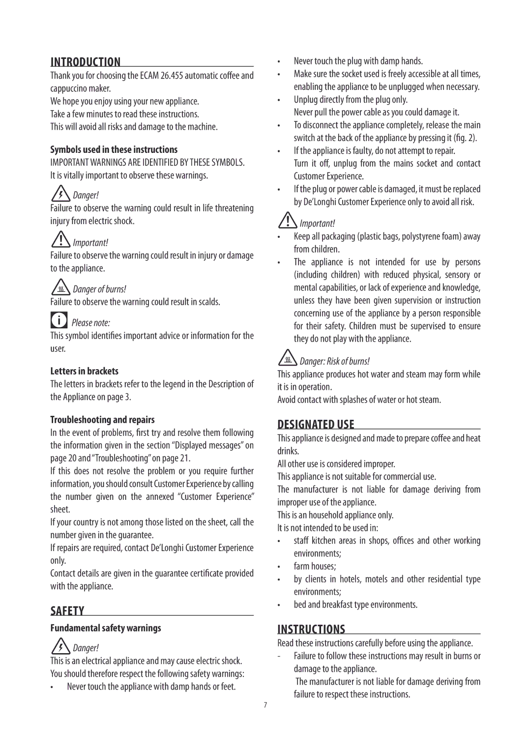 DeLonghi ECAM26455 manual Introduction, Safety, Designated USE, Instructions 