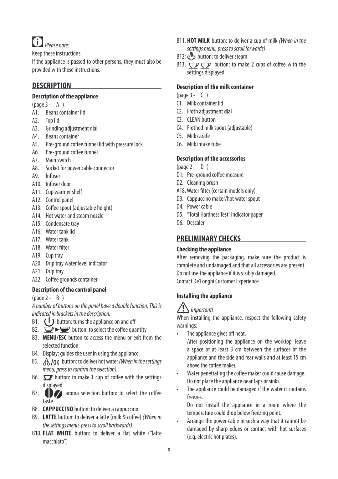 DeLonghi ECAM26455 manual Description, Preliminary Checks 