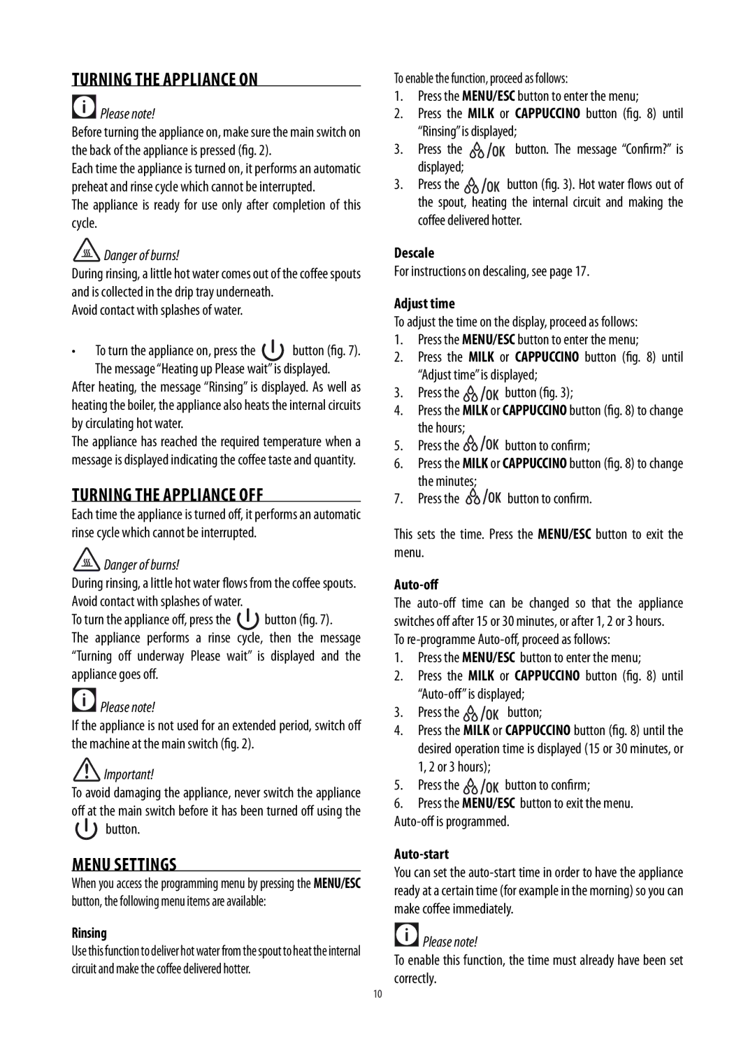 DeLonghi ECAM26455M manual Turning the Appliance on, Turning the Appliance OFF, Menu Settings 