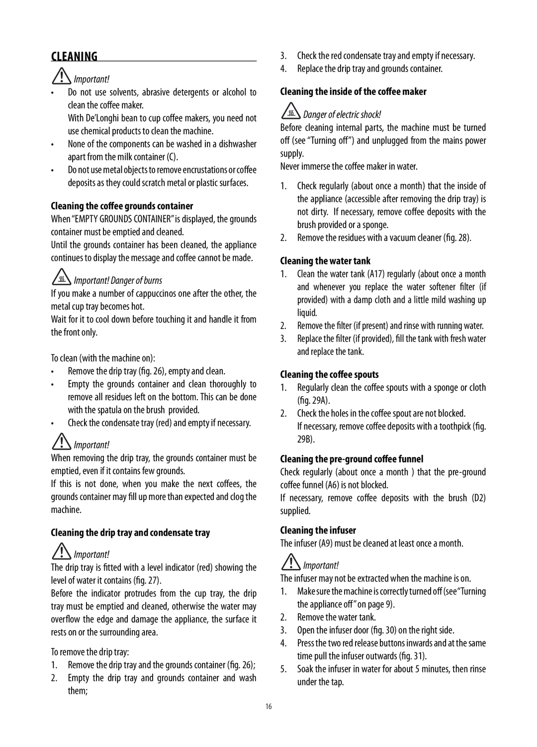 DeLonghi ECAM26455M manual Cleaning 
