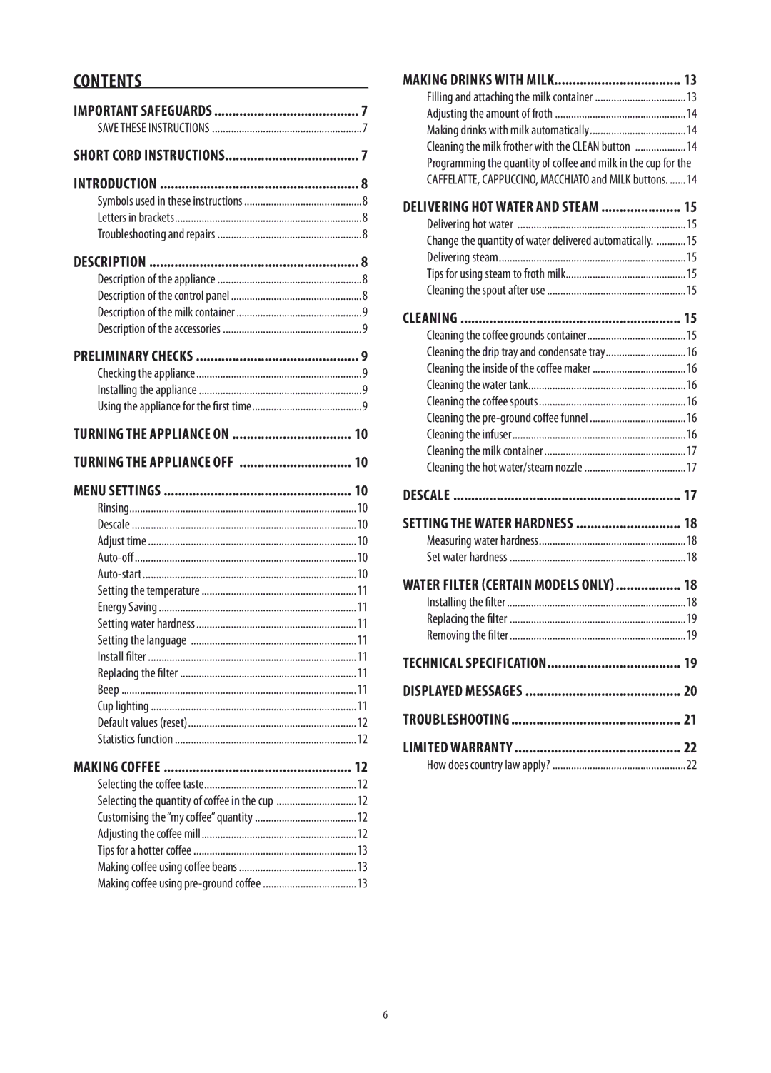 DeLonghi ECAM26455M manual Contents 