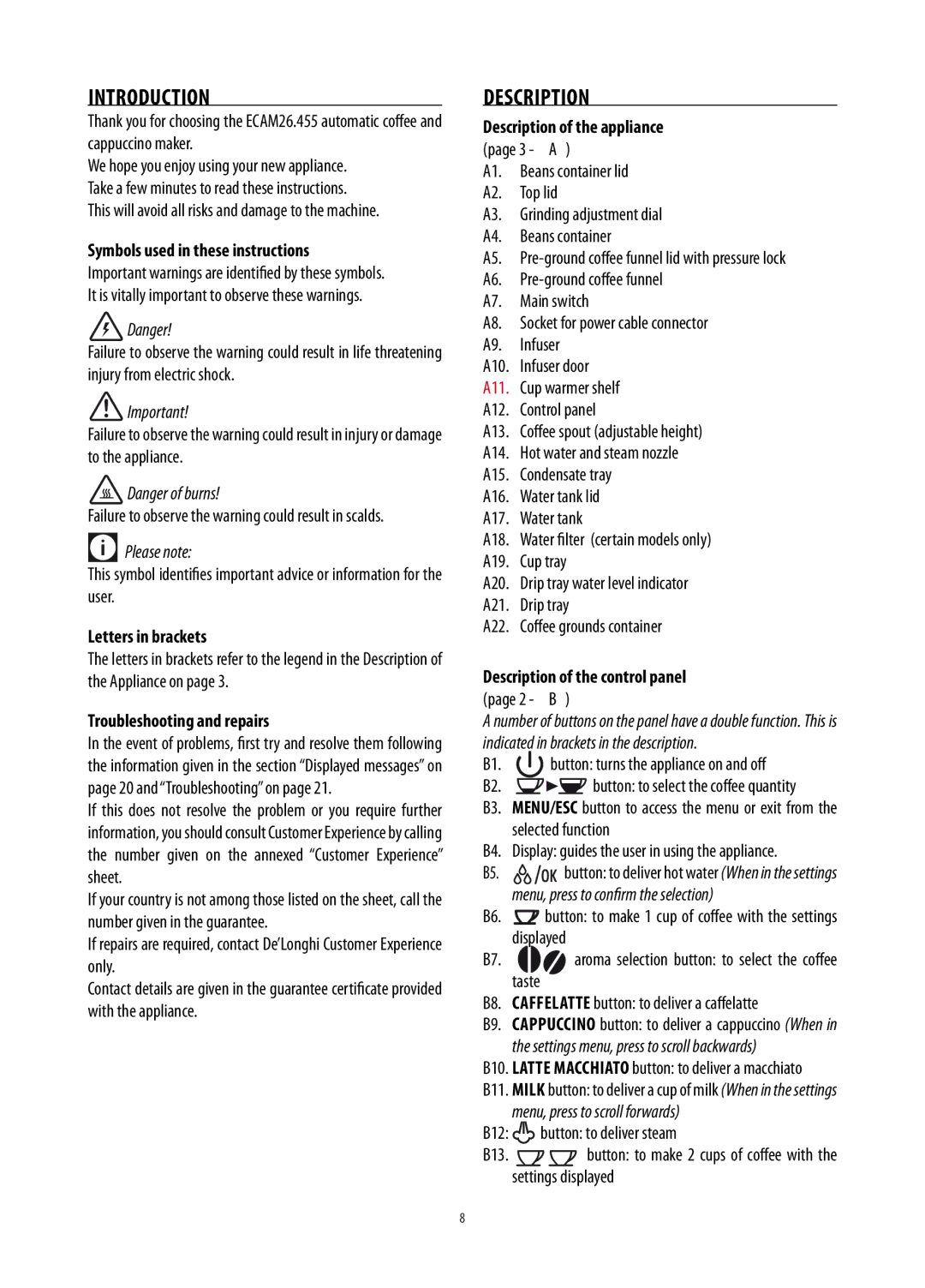 DeLonghi ECAM26455M manual Introduction, Description 
