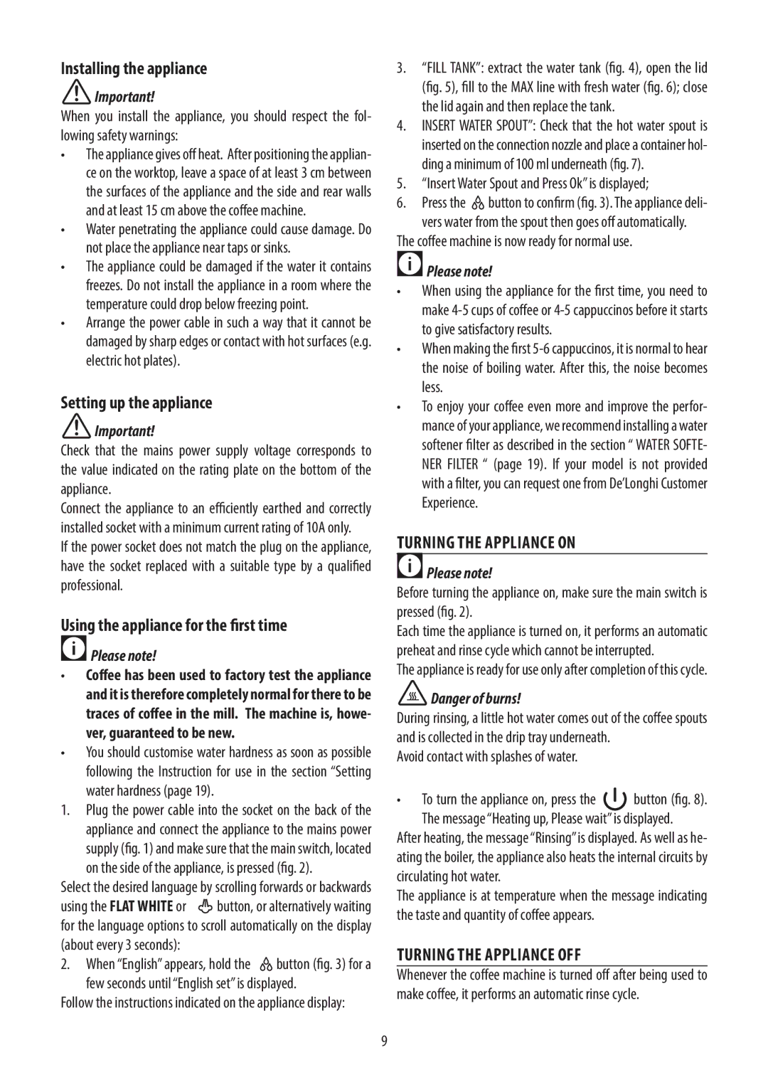 DeLonghi ECAM45.760 manual Installing the appliance, Setting up the appliance, Using the appliance for the first time 