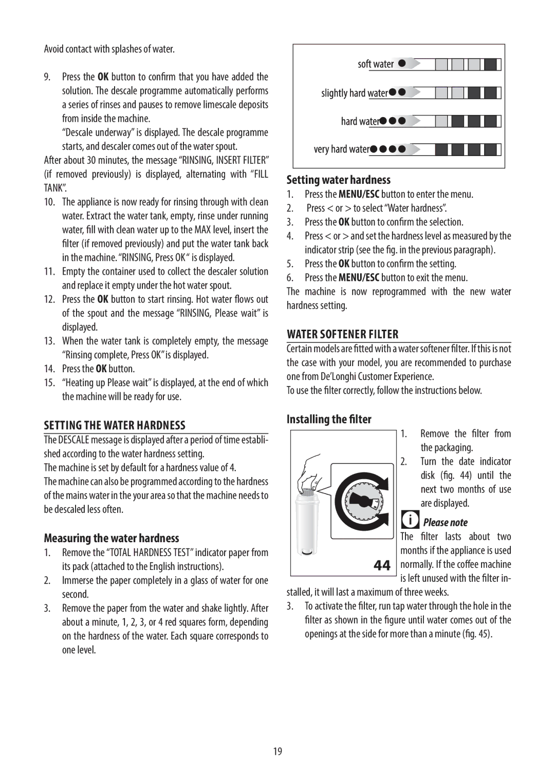 DeLonghi ECAM45.760 Water Softener Filter, Setting the Water Hardness, Measuring the water hardness, Installing the filter 