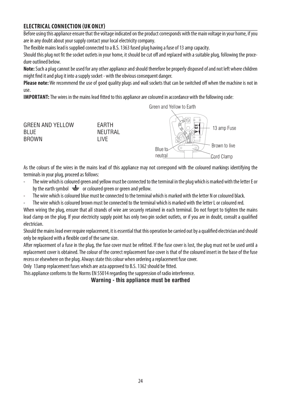 DeLonghi ECAM45.760 manual Electrical Connection UK only, By the earth symbol or coloured green or green and yellow 