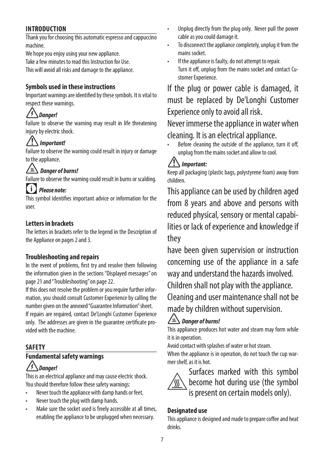 DeLonghi ECAM45.760 manual Introduction, Safety 