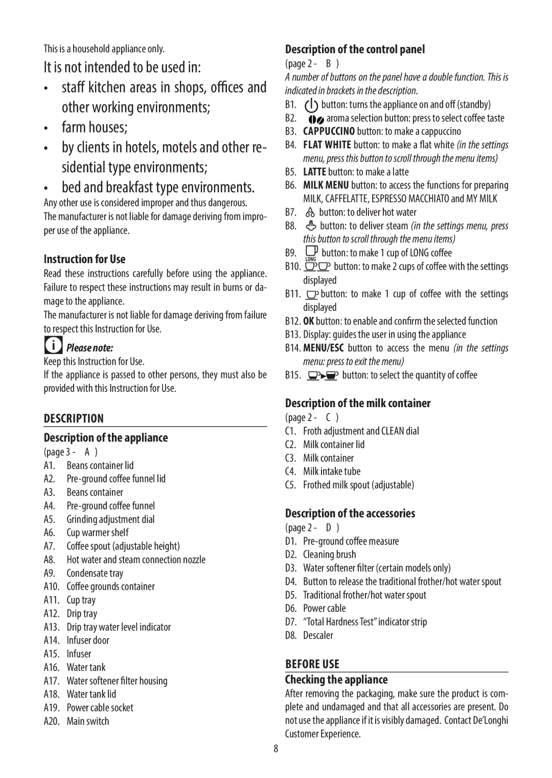 DeLonghi ECAM45.760 manual Description, Before USE 