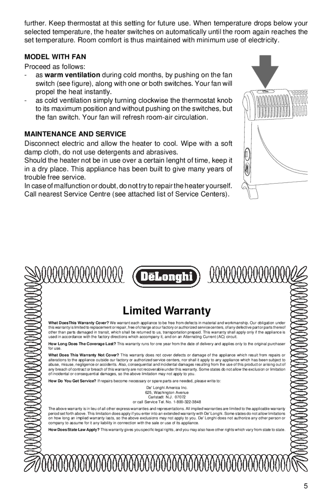 DeLonghi Electric Convector Heater manual Model with FAN, Maintenance and Service 