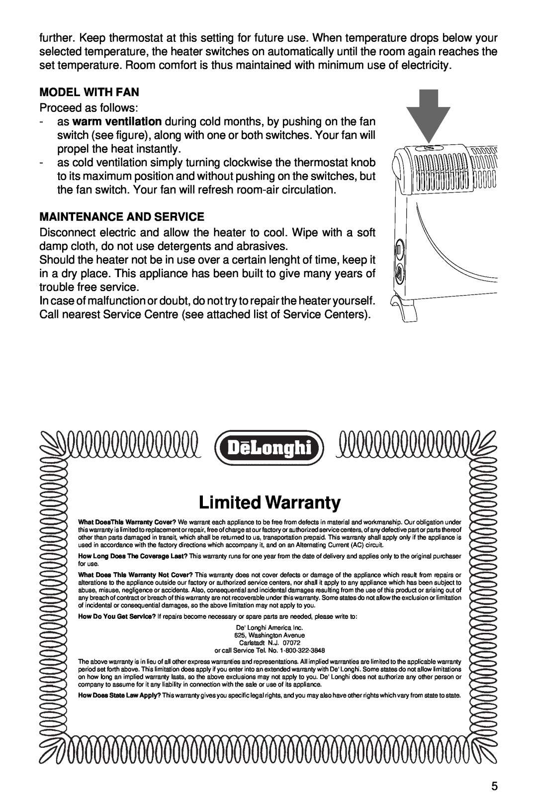 DeLonghi Electric Convector Heater manual Limited Warranty, Model With Fan, Maintenance And Service 