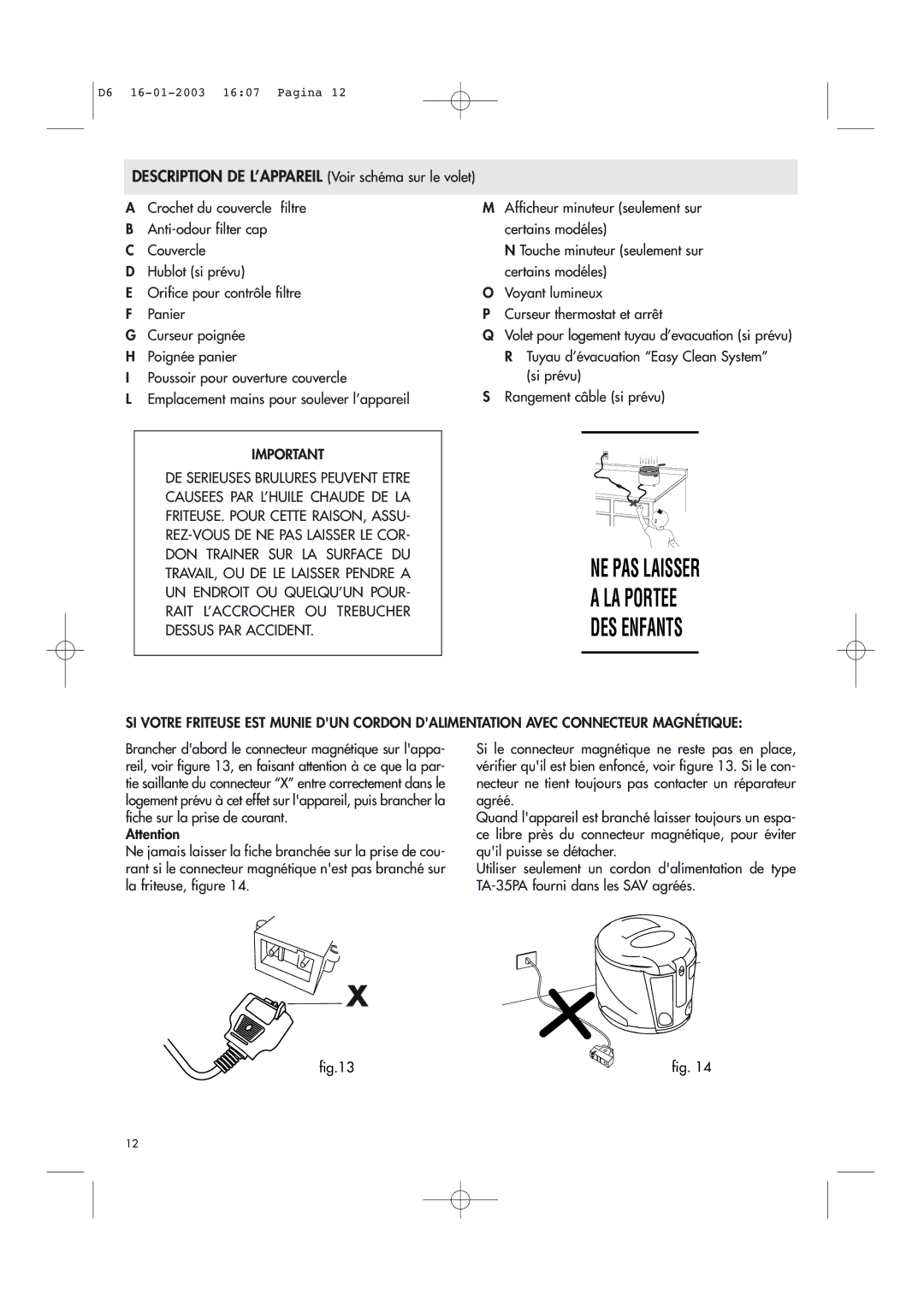 DeLonghi Electric Deep Dryer manual NE PAS Laisser LA Portee DES Enfants 