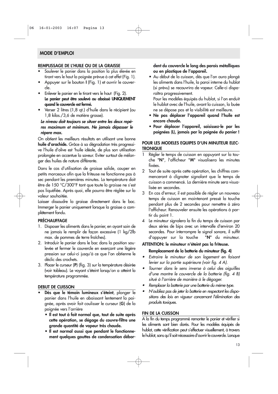 DeLonghi Electric Deep Dryer manual Mode D’EMPLOI 