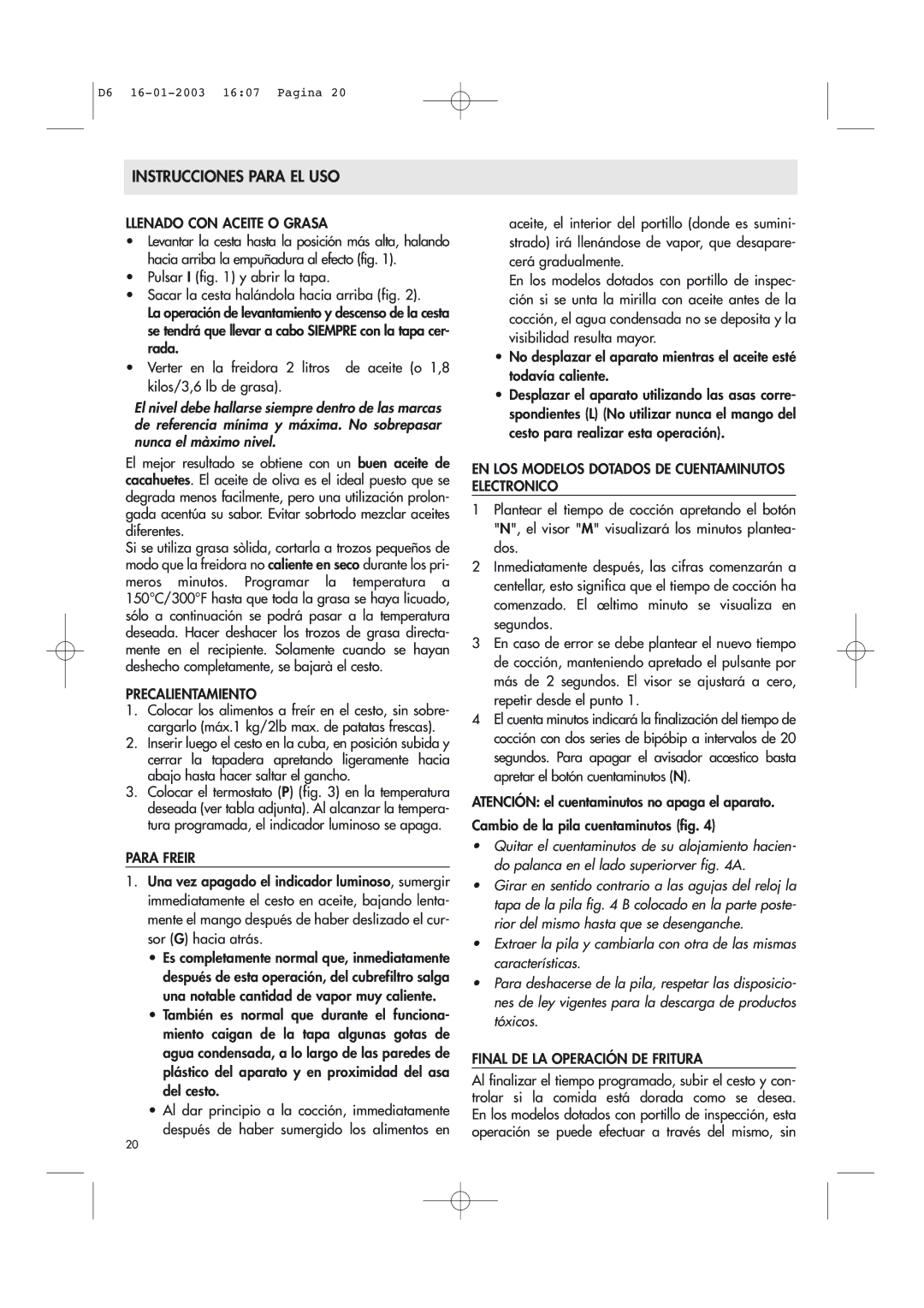 DeLonghi Electric Deep Dryer manual Instrucciones Para EL USO 