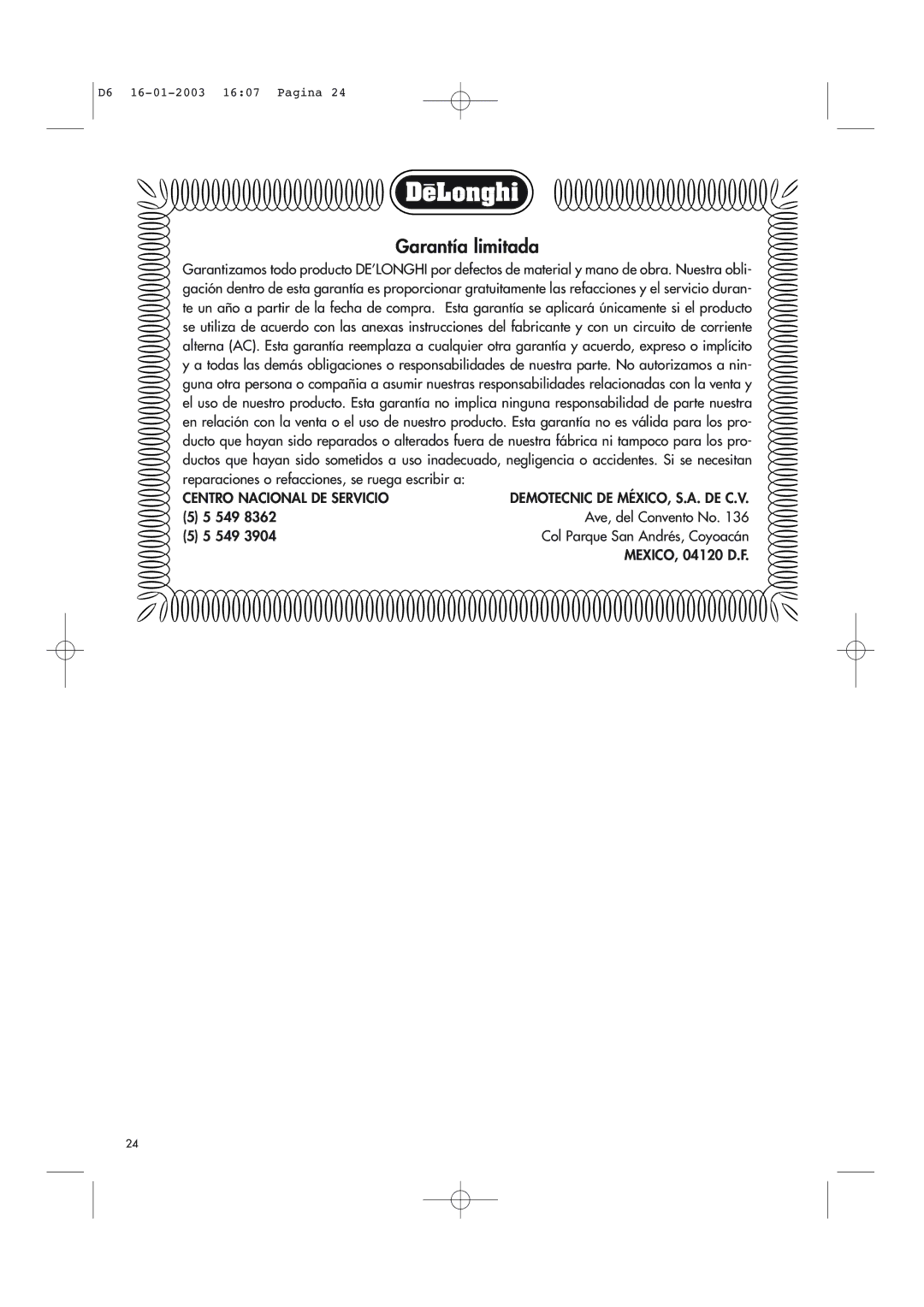 DeLonghi Electric Deep Dryer manual Centro Nacional DE Servicio, 549 