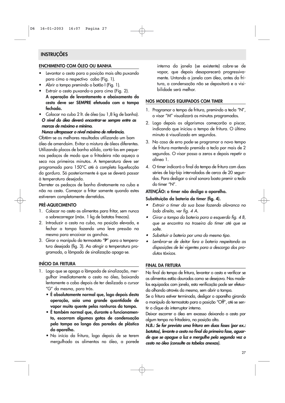 DeLonghi Electric Deep Dryer manual Instruções 