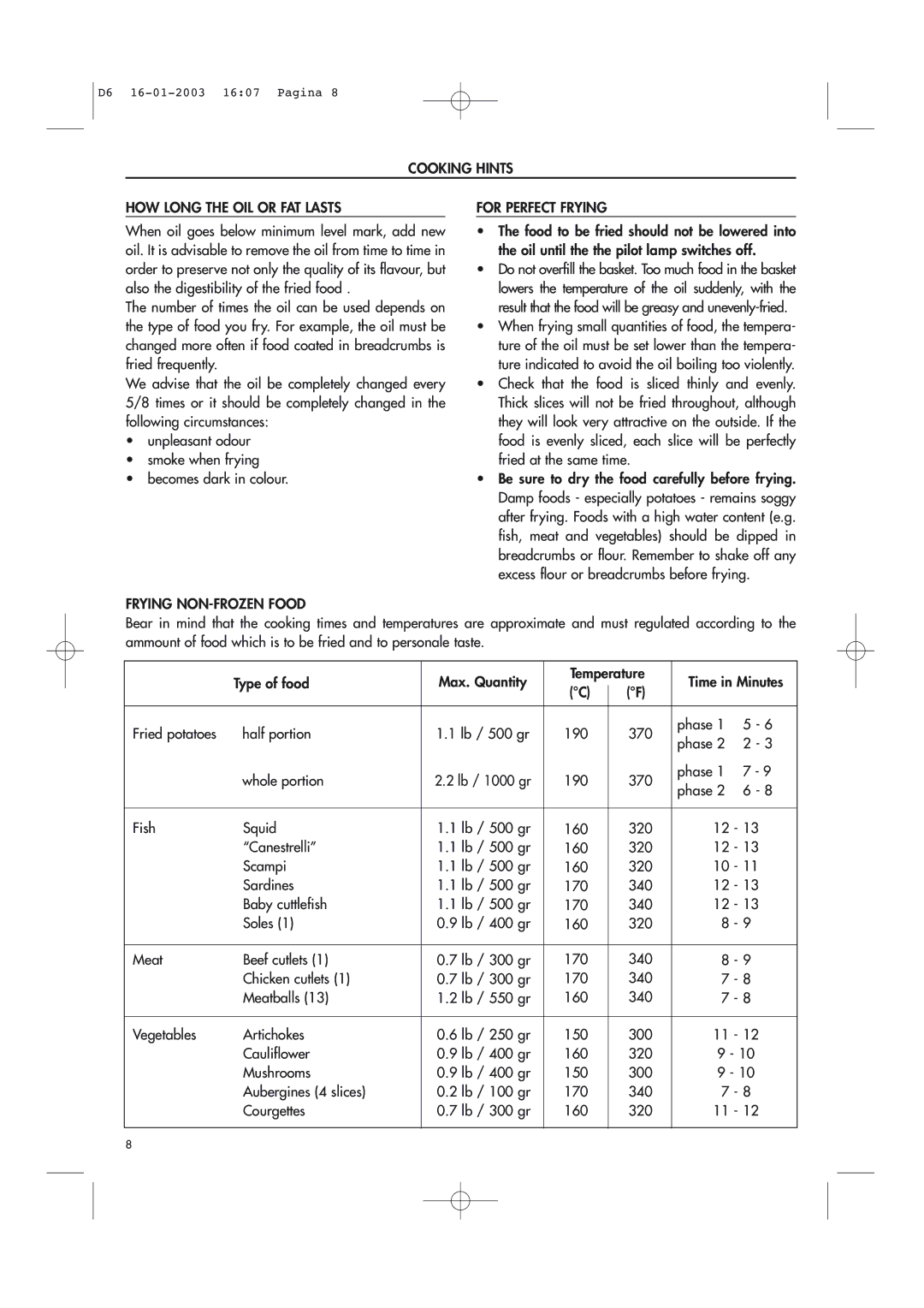 DeLonghi Electric Deep Dryer manual Cooking Hints HOW Long the OIL or FAT Lasts, For Perfect Frying, Frying NON-FROZEN Food 