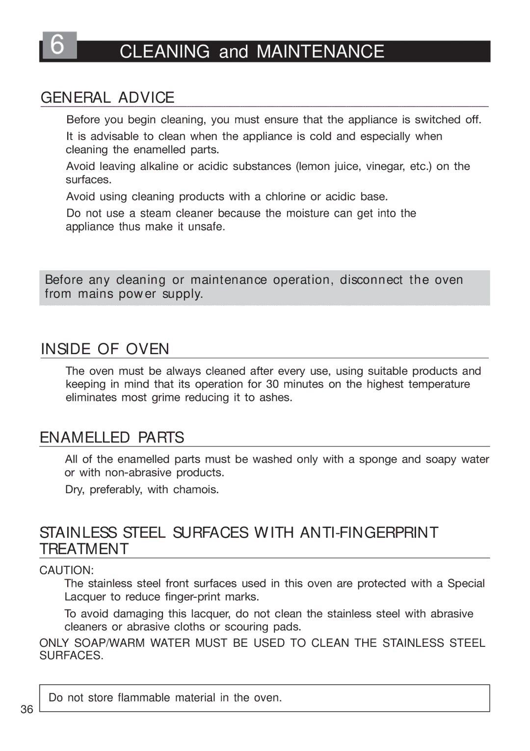 DeLonghi EMFPS 60 B manual General Advice, Inside of Oven, Enamelled Parts, Do not store flammable material in the oven 