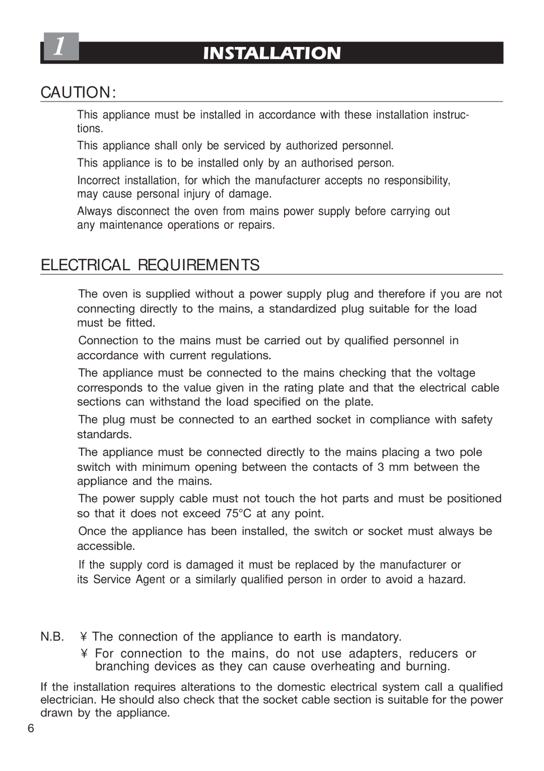 DeLonghi EMFPS 60 B manual 1INSTALLATION, Electrical Requirements 