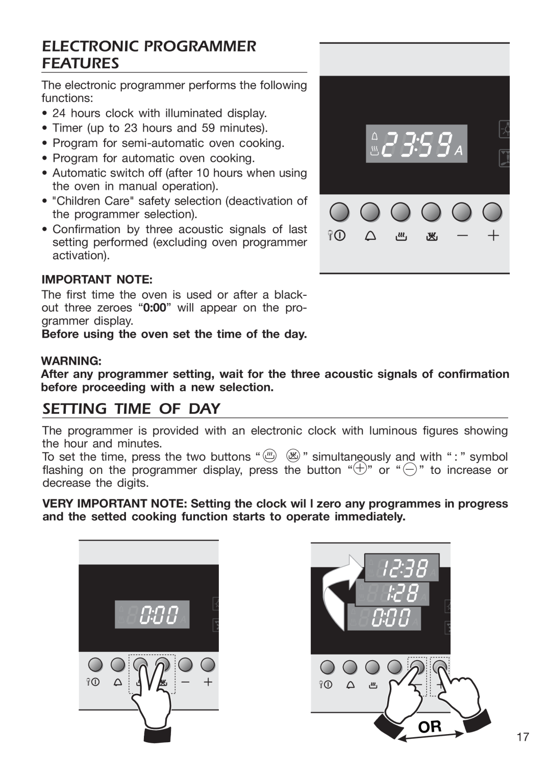 DeLonghi EMFPS 60 B manual Electronic Programmer Features, Setting Time Of Day, Important Note 