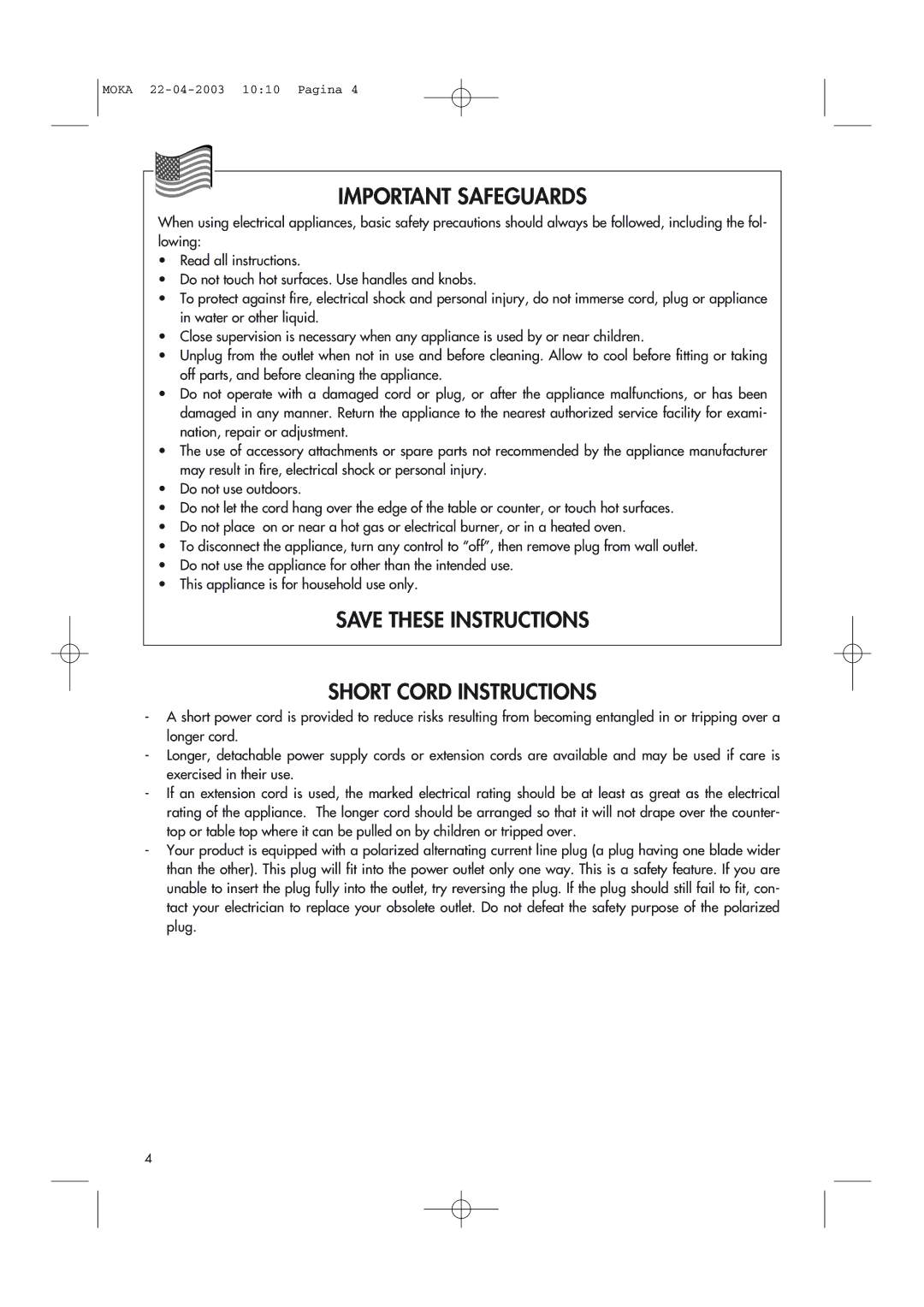 DeLonghi EMK6 manual Important Safeguards 