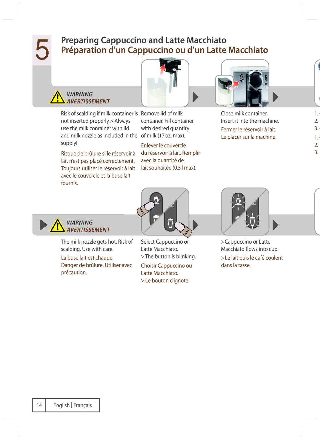 DeLonghi EN680M manual Enlever le couvercle, Lait souhaitée 0.5 l max, Le bouton clignote 