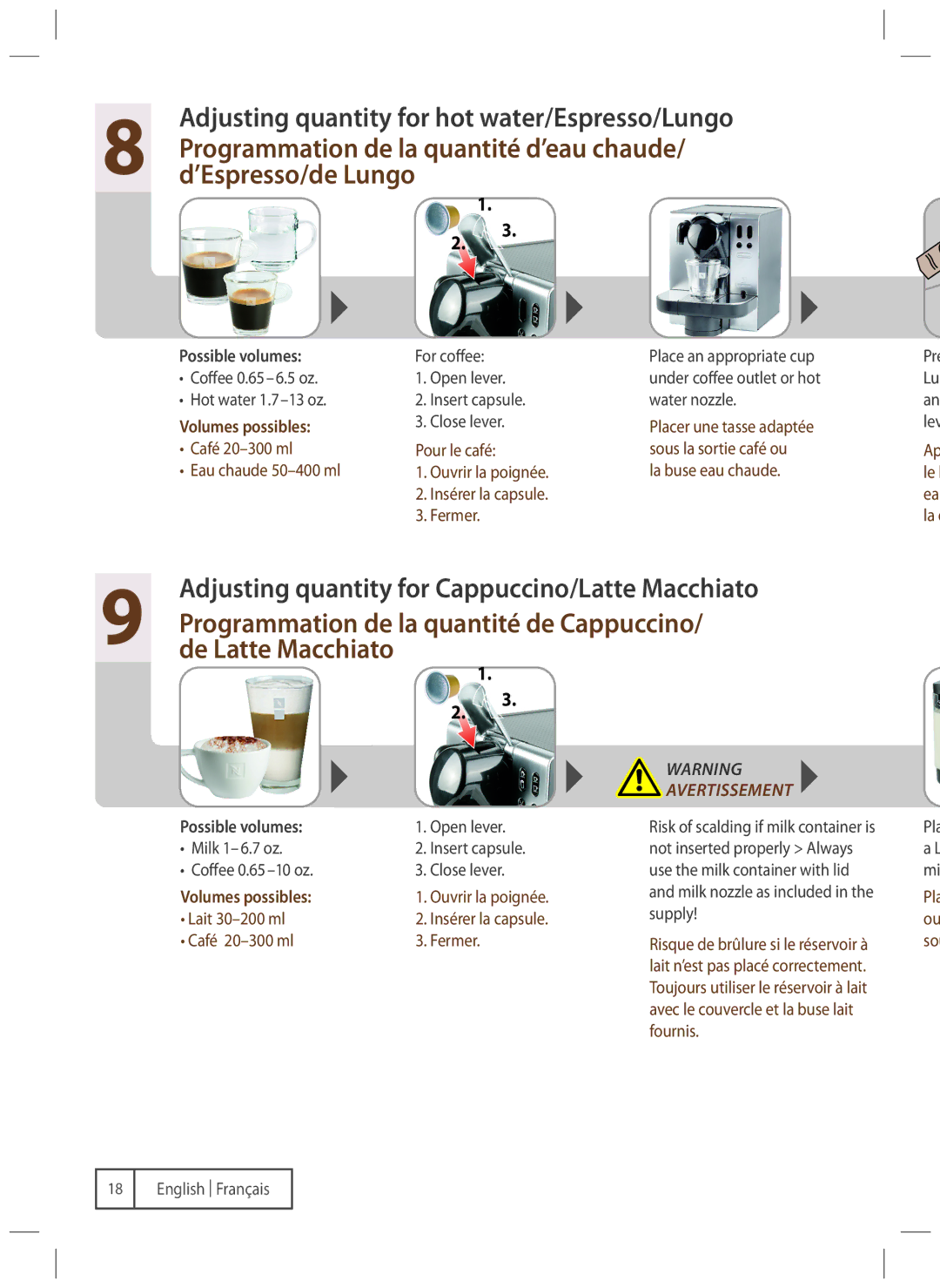 DeLonghi EN680M manual ’Espresso/de Lungo, De Latte Macchiato, Volumes possibles 