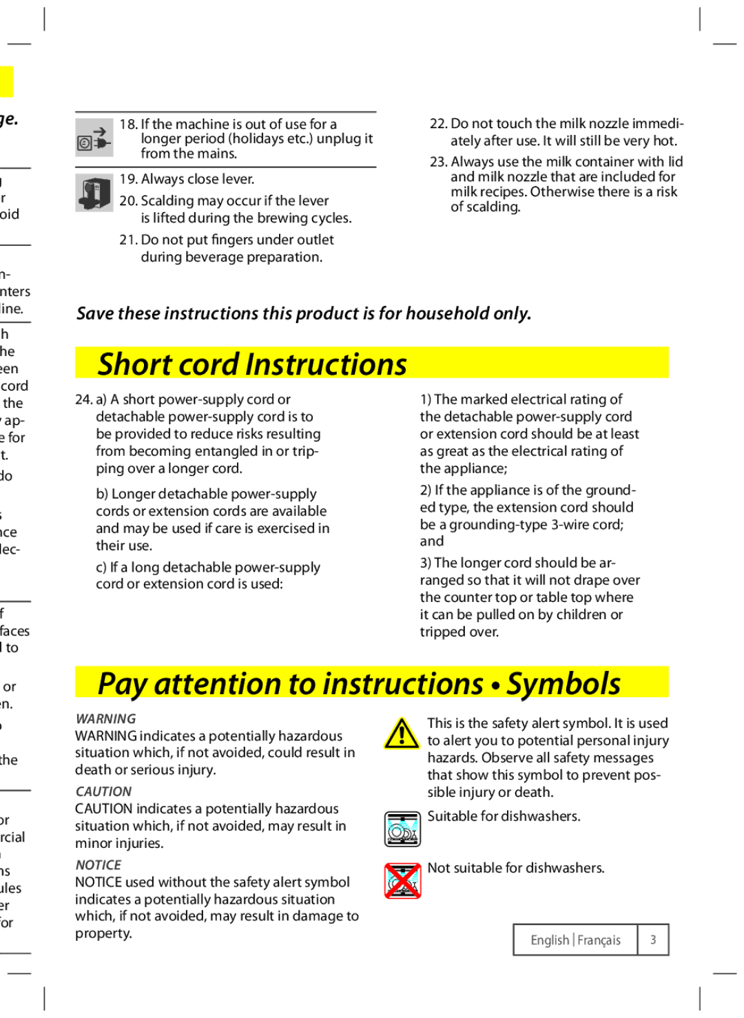 DeLonghi EN680M manual Short cord Instructions 