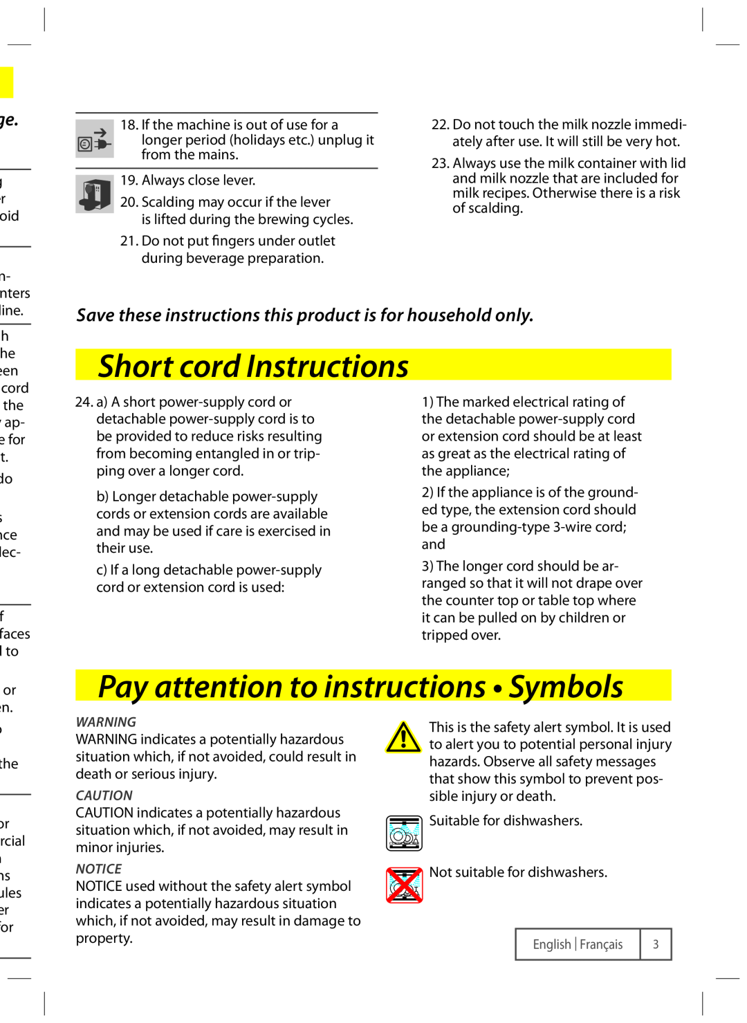 DeLonghi EN680M manual Short cord Instructions, Pay attention to instructions • Symbols 
