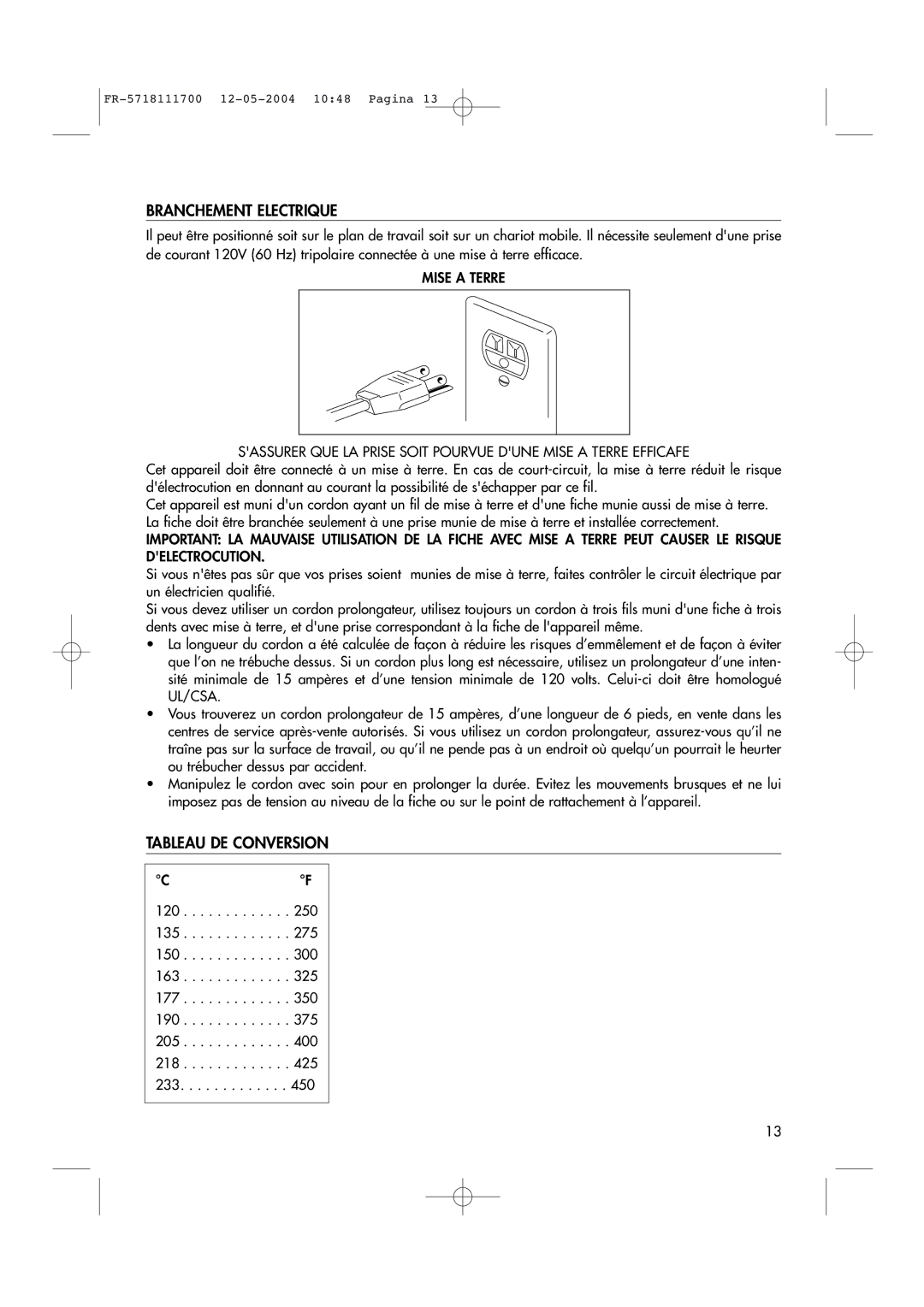 DeLonghi EO1200 Series manual Branchement Electrique, Tableau DE Conversion 