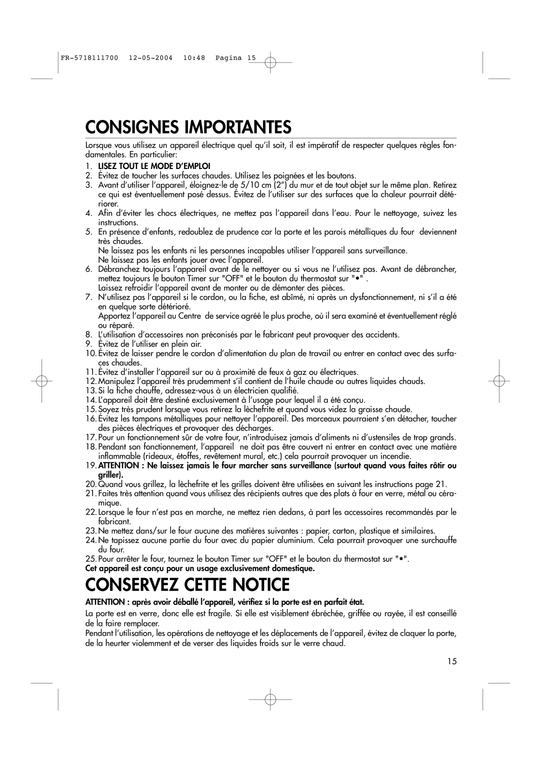 DeLonghi EO1200 Series manual Consignes Importantes 