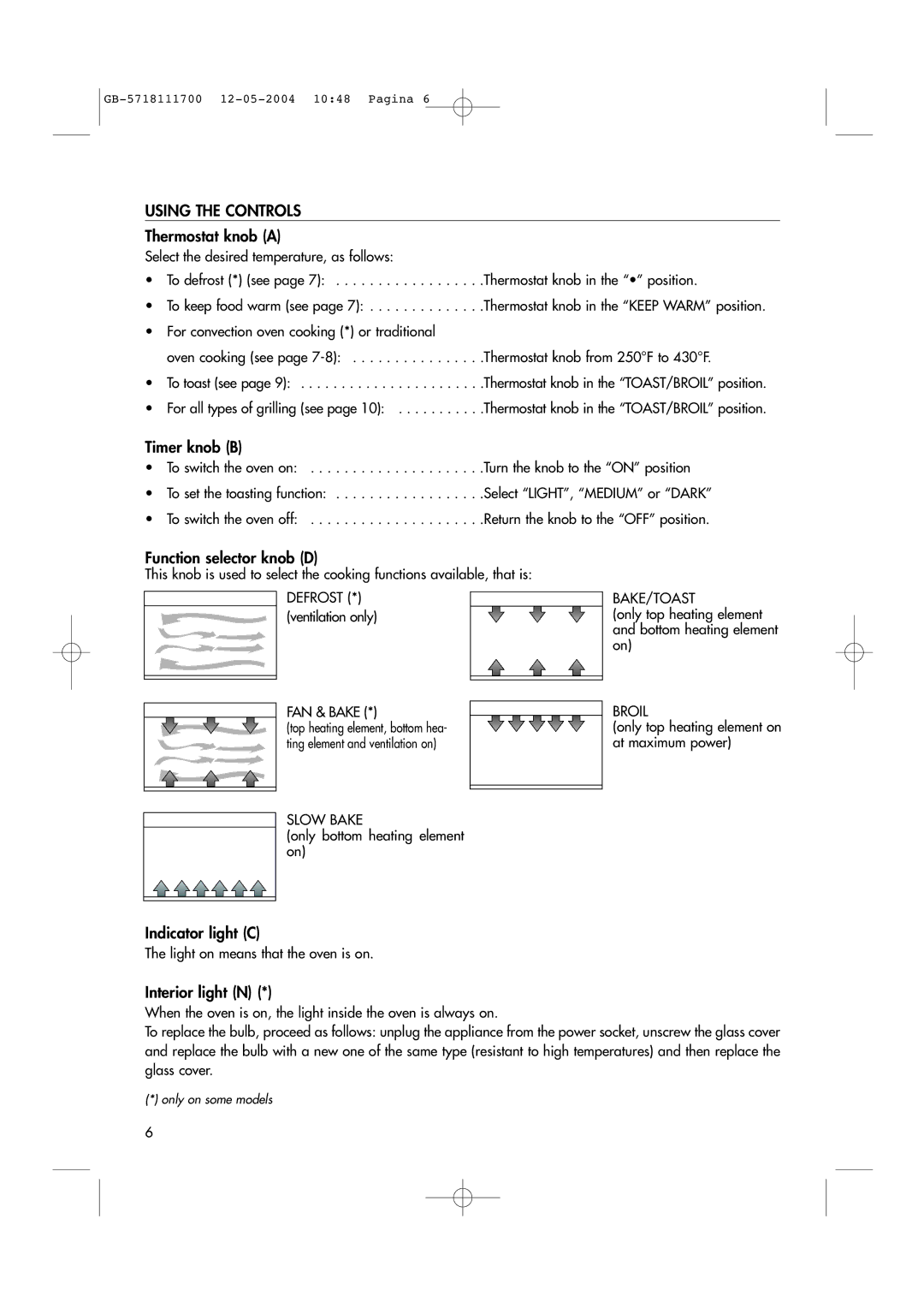 DeLonghi EO1200 Series manual Using the Controls 