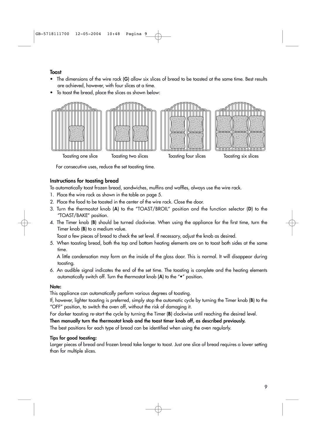 DeLonghi EO1200 Series manual Toast, Instructions for toasting bread 