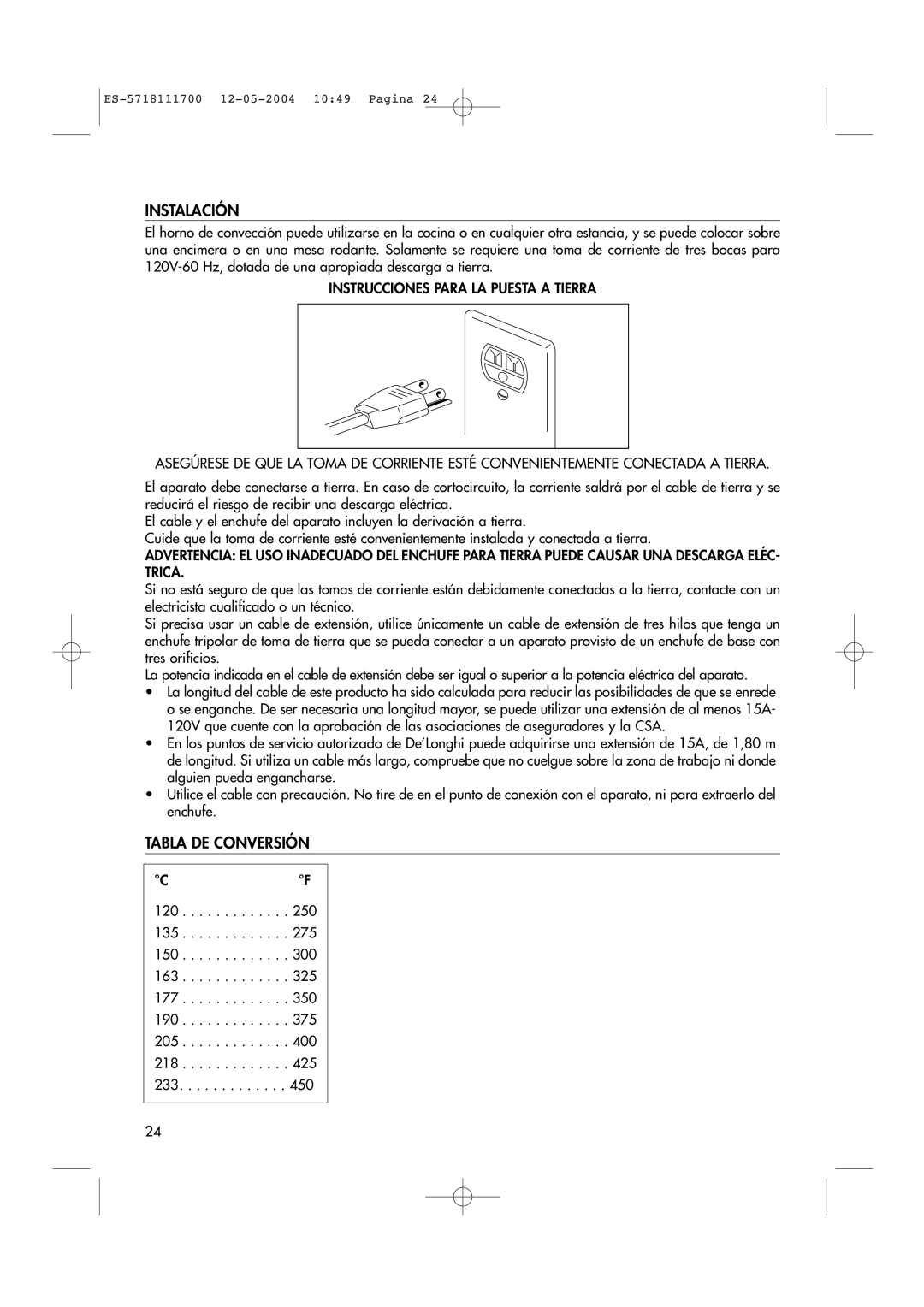 DeLonghi EO1200 Series manual Instalación, Tabla De Conversión 
