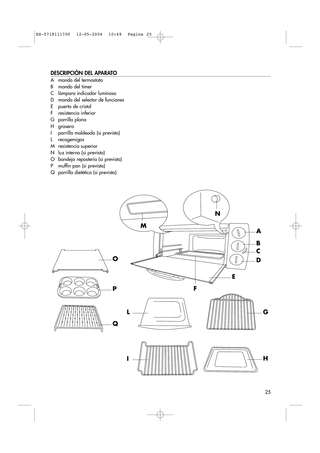 DeLonghi EO1200 Series manual Descripción Del Aparato, N M A B C, E Pf Lg Q Ih 