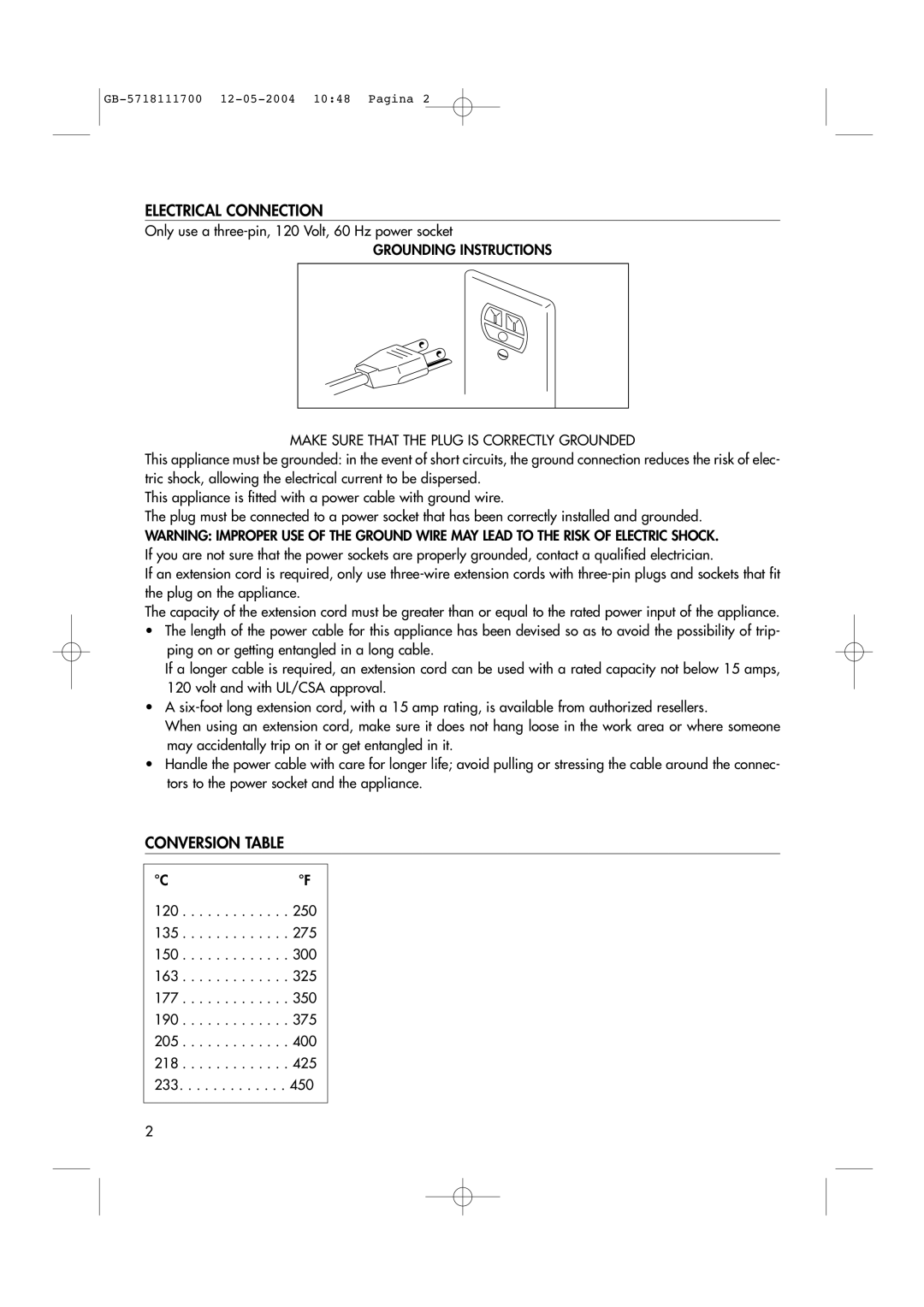 DeLonghi EO1200 Series manual Electrical Connection, Conversion Table 