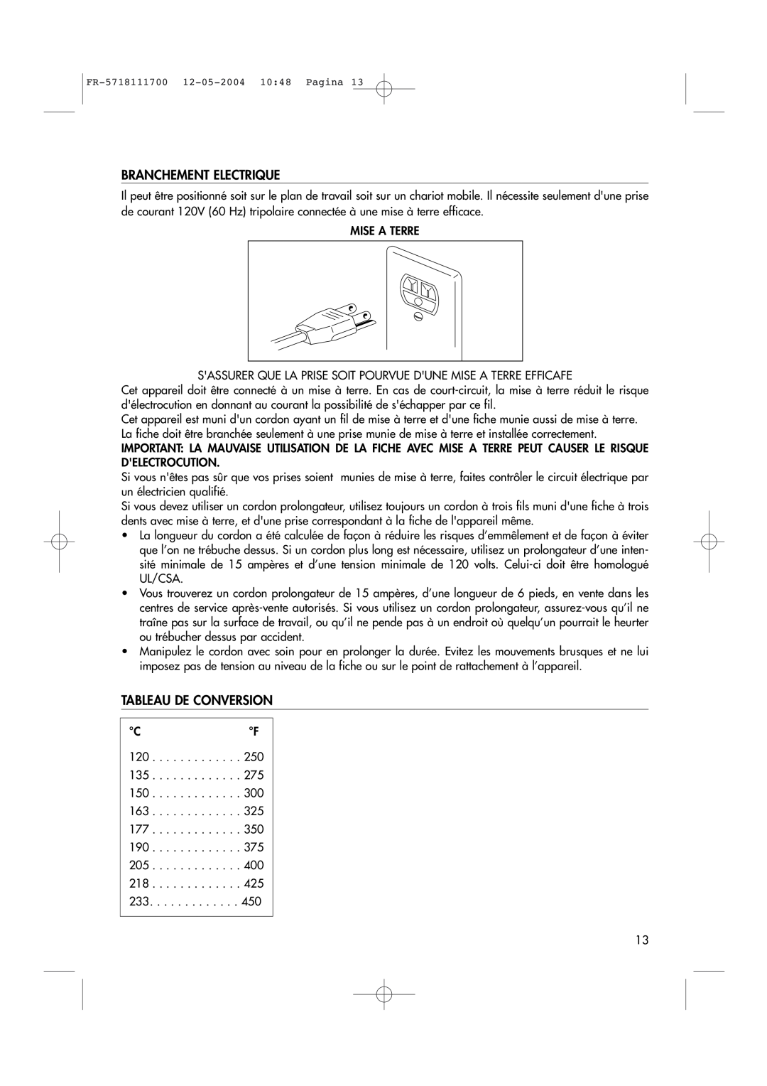 DeLonghi EO1200 Series manual Branchement Electrique, Tableau De Conversion 