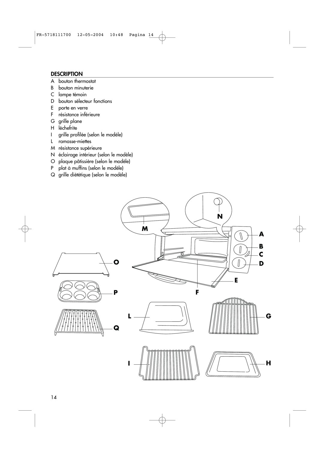 DeLonghi EO1200 Series manual Description, N M A B C, E Pf Lg Q Ih 