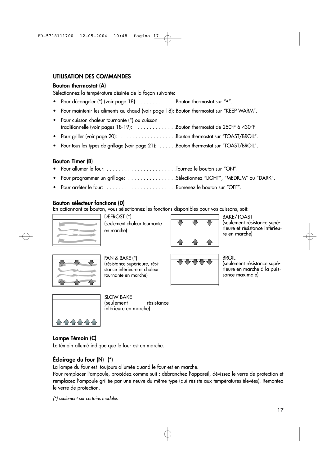 DeLonghi EO1200 Series manual UTILISATION DES COMMANDES Bouton thermostat A, Bouton Timer B, Bouton sélecteur fonctions D 