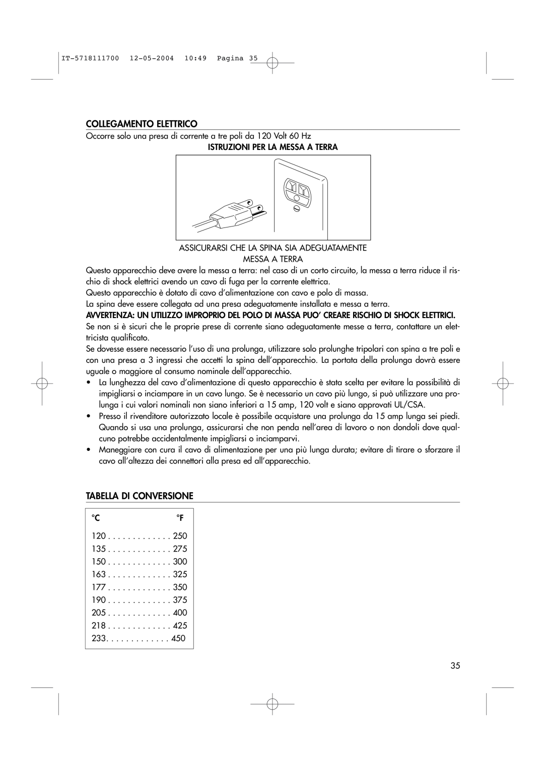 DeLonghi EO1200 Series manual Collegamento Elettrico, Tabella Di Conversione 