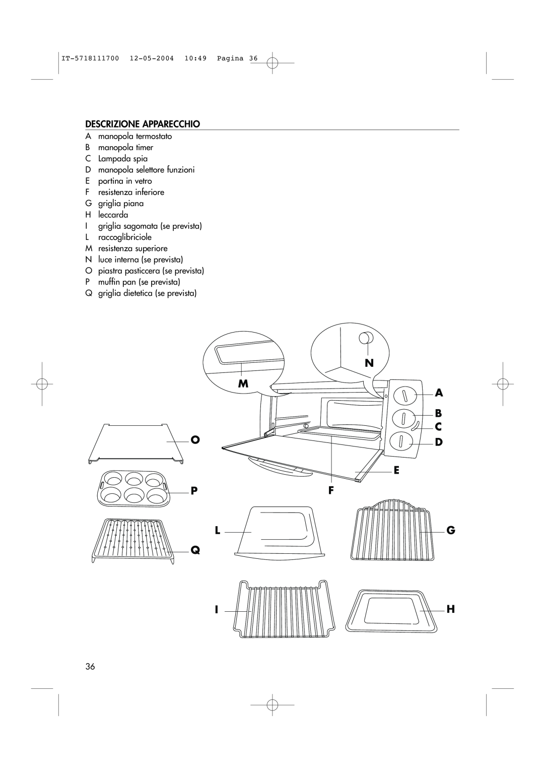 DeLonghi EO1200 Series manual Descrizione Apparecchio, N M A B C, E Pf Lg Q Ih 