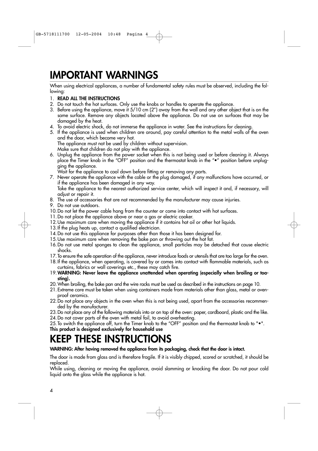 DeLonghi EO1200 Series manual Important Warnings, Keep These Instructions 