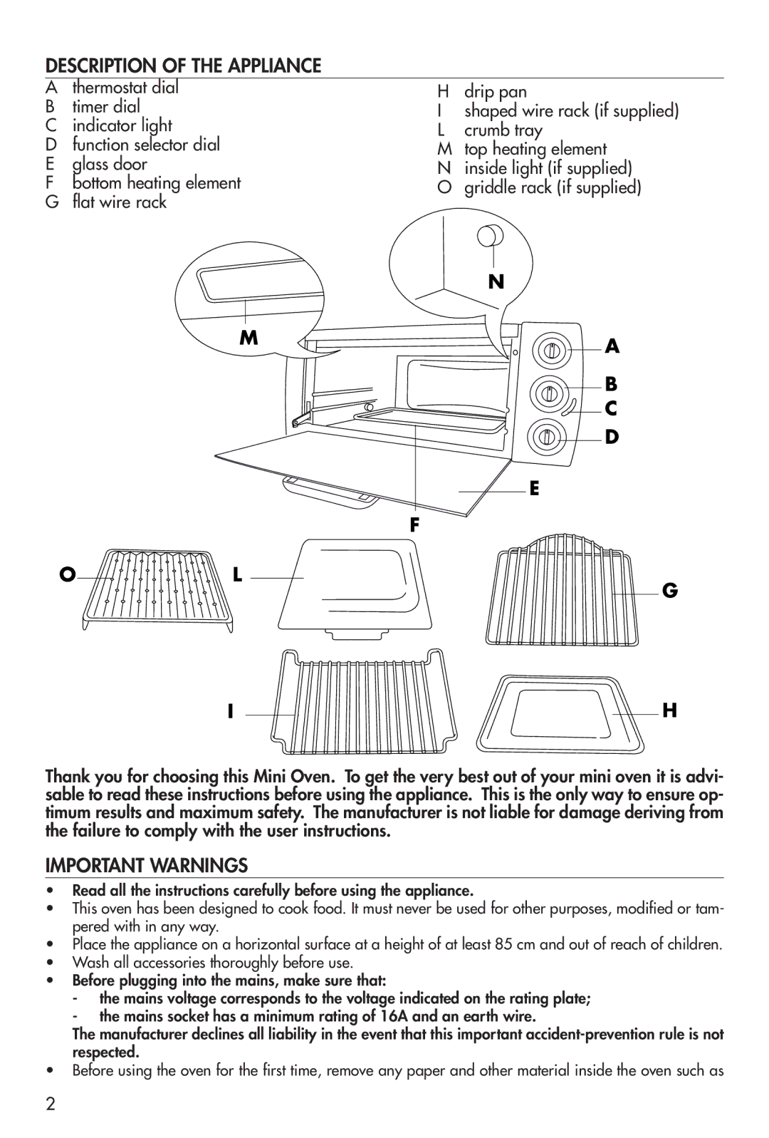 DeLonghi EO12001 manual Description of the Appliance, Important Warnings 