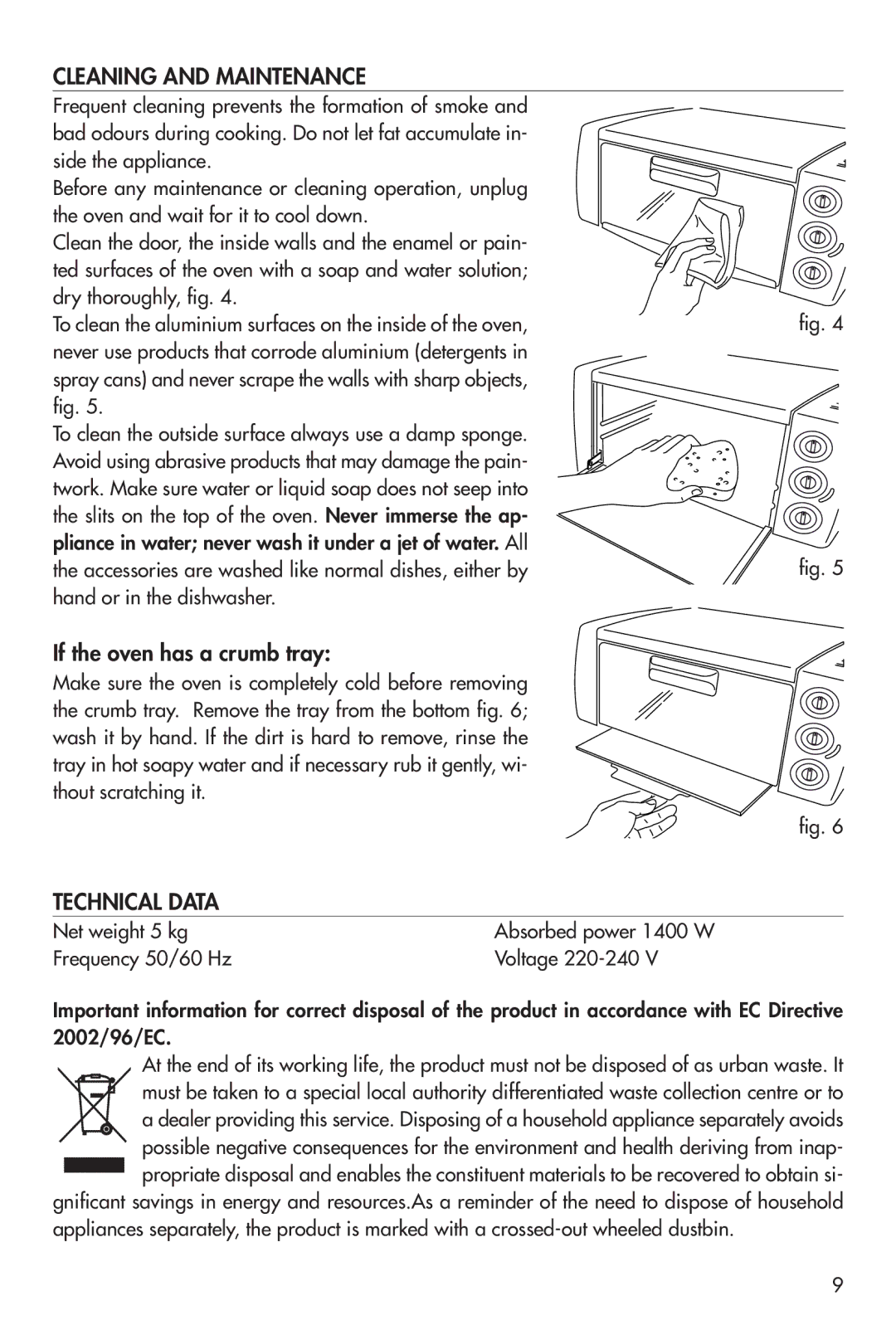 DeLonghi EO12001 manual Cleaning and Maintenance, If the oven has a crumb tray, Technical Data 