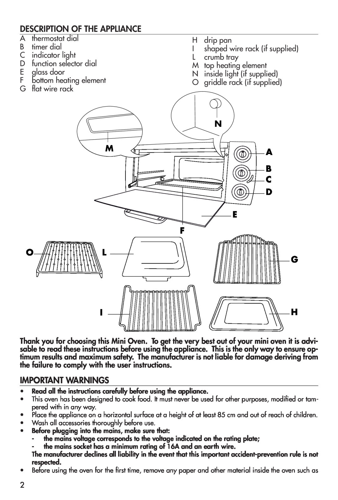 DeLonghi EO12001 manual Description Of The Appliance, Important Warnings, O L G I H 